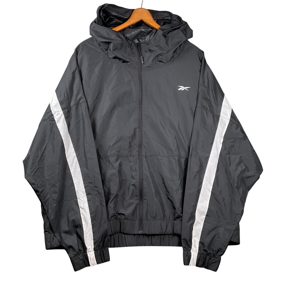 Reebok Windbreaker Jacket Womens 2XL Black Speedwick Hooded‎ Striped Sporty